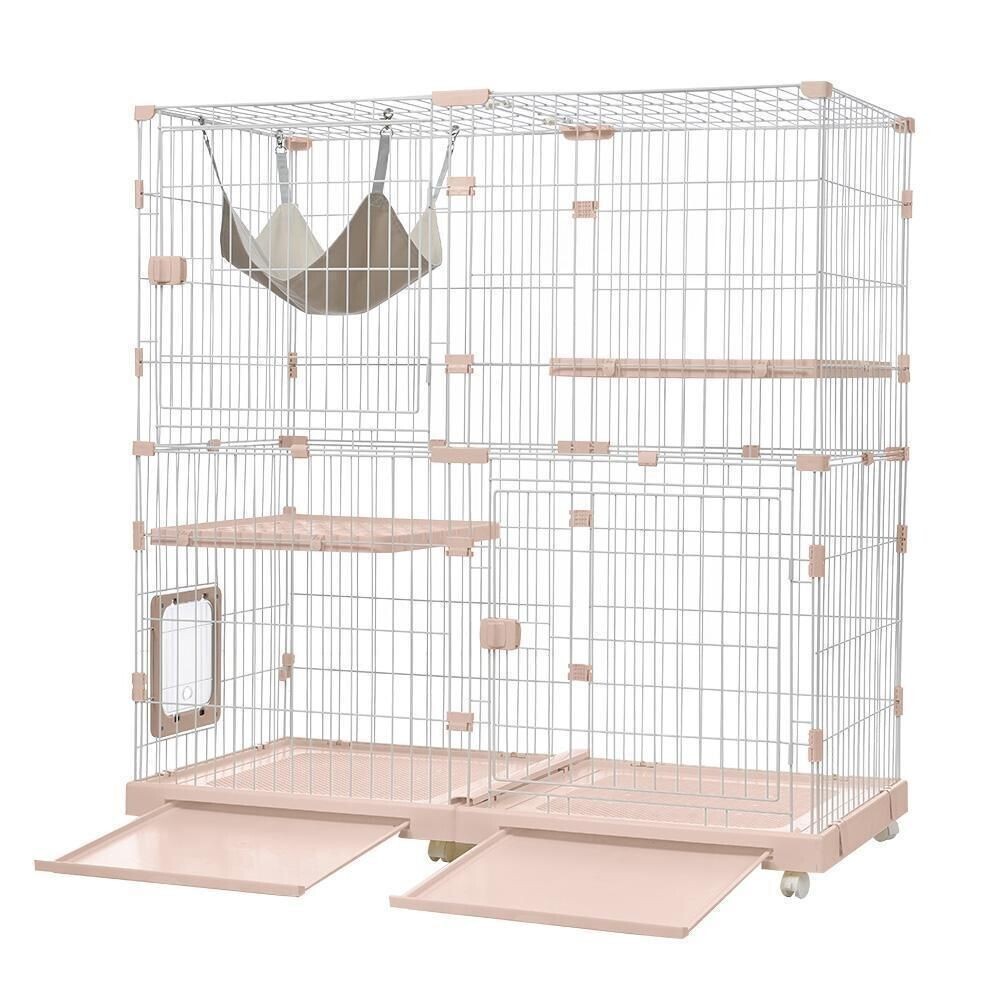 猫 ケージ キャットケージ 2段 幅広設計 自由組み合わせ 猫ドア付き【ピンク】 584874拍卖