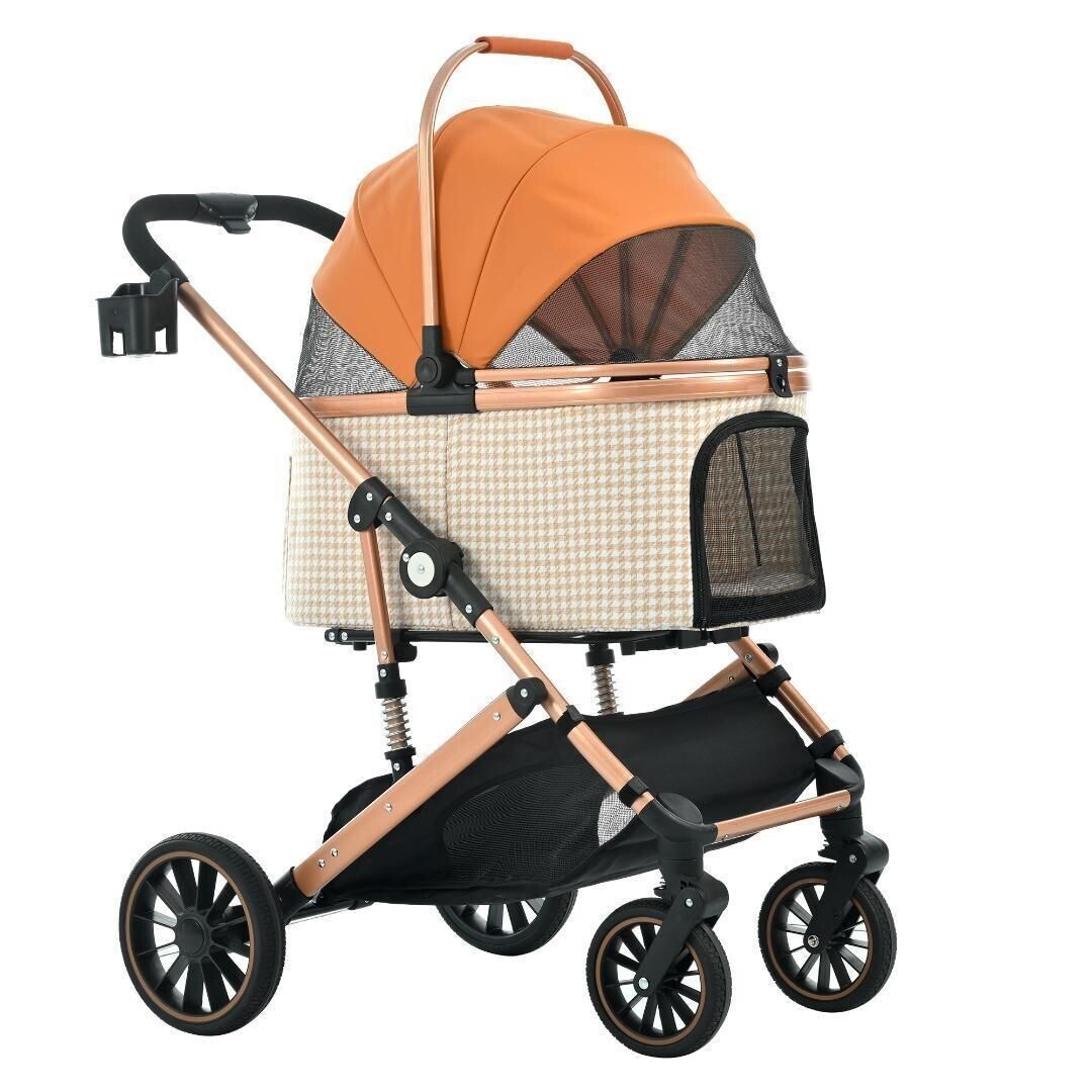 ペットカートL対面式分離式2way折りたたみ犬カート【千鳥格子-パンプキン】 623687拍卖
