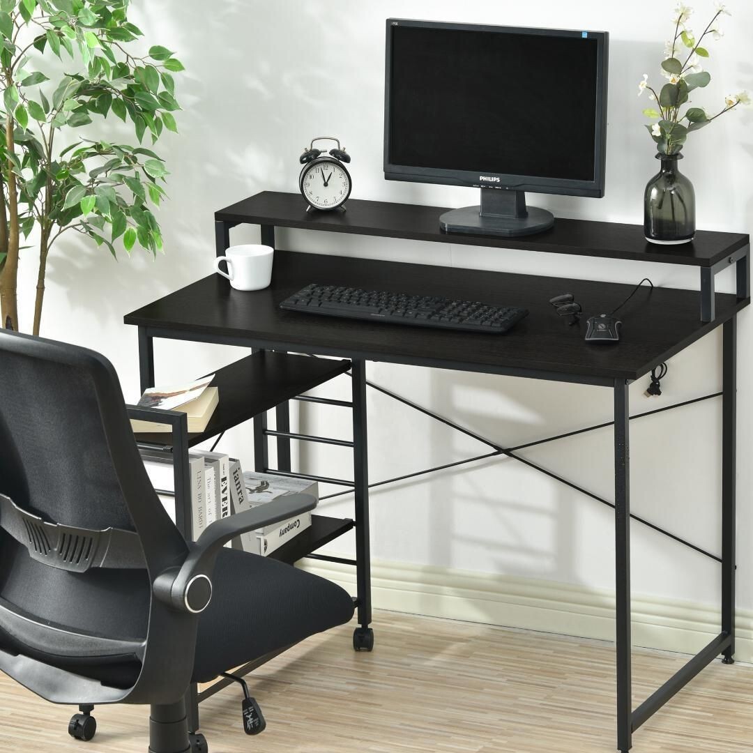 【ブラック】パソコンデスク キャスター付きで移動可能ラック付き デスク 545976拍卖