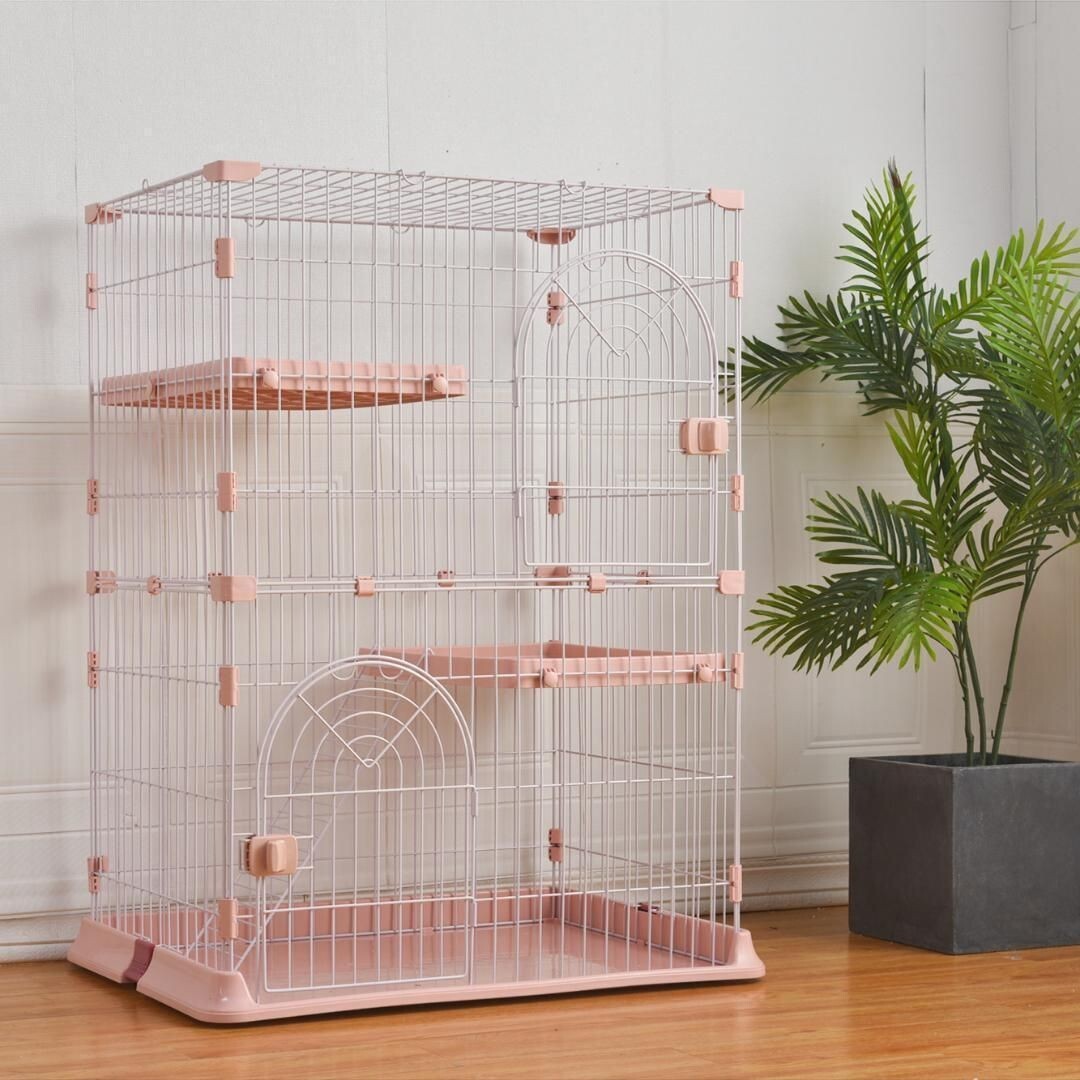 【ピンク】 キャットケージ 2段 留守番 保護 脱走防止 多頭飼いペットケージ 529409拍卖