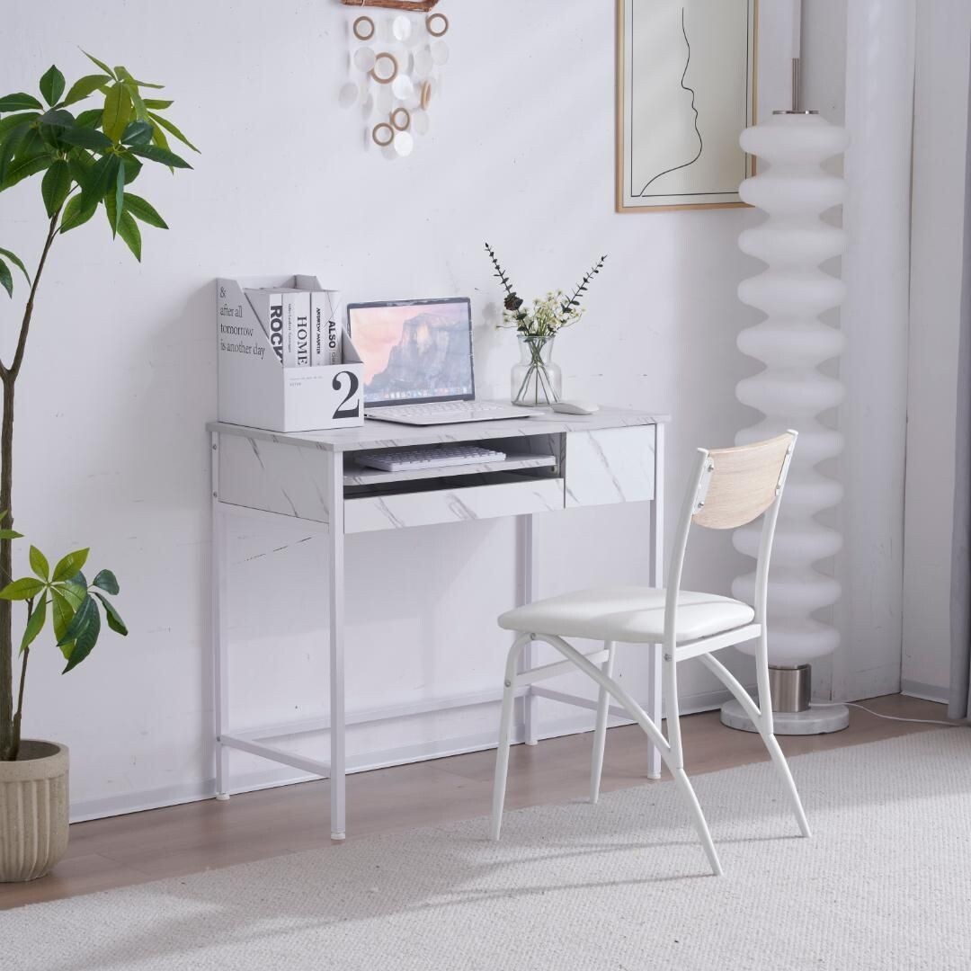 【ホワイト】パソコンデスク引き出し付き 収納台 pcデスク 机 大理石柄おしゃれ 606427拍卖