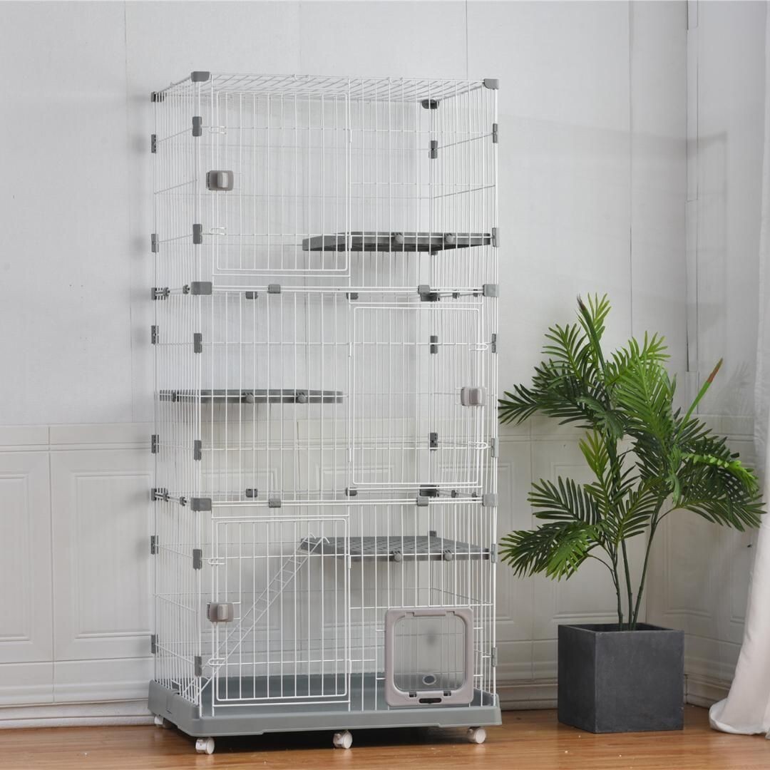 猫 ケージ 収納型 キャットケージ 3段 1段2段可能 キャスター付 【グレー】 409791拍卖