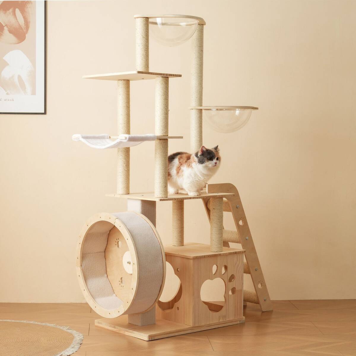 キャットタワー 猫タワー キャットツリー 据え置き ランニングホイール付き 多頭飼い 宇宙船 ネコタワー 高さ165.5cm拍卖