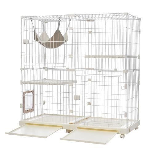 猫 ケージ キャットケージ 2段 幅広設計自由組み合わせ トレー付き ホワイト 584871拍卖