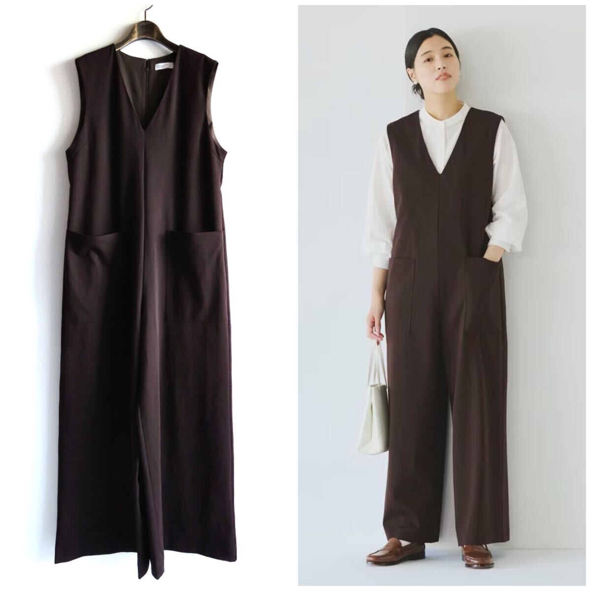 北欧、暮らしの道具店 KURASHI&Trips PUBLISHING「気軽に着られて、きれい見え」ポンチ素材のオールインワン L ブラウン ウォッシャブル拍卖