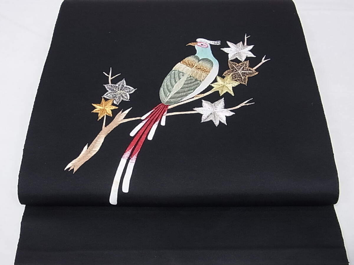 着物おきな2★八寸名古屋帯 総刺繍 楓鳥文 金銀糸 黒色 ポリエステル★r3928拍卖