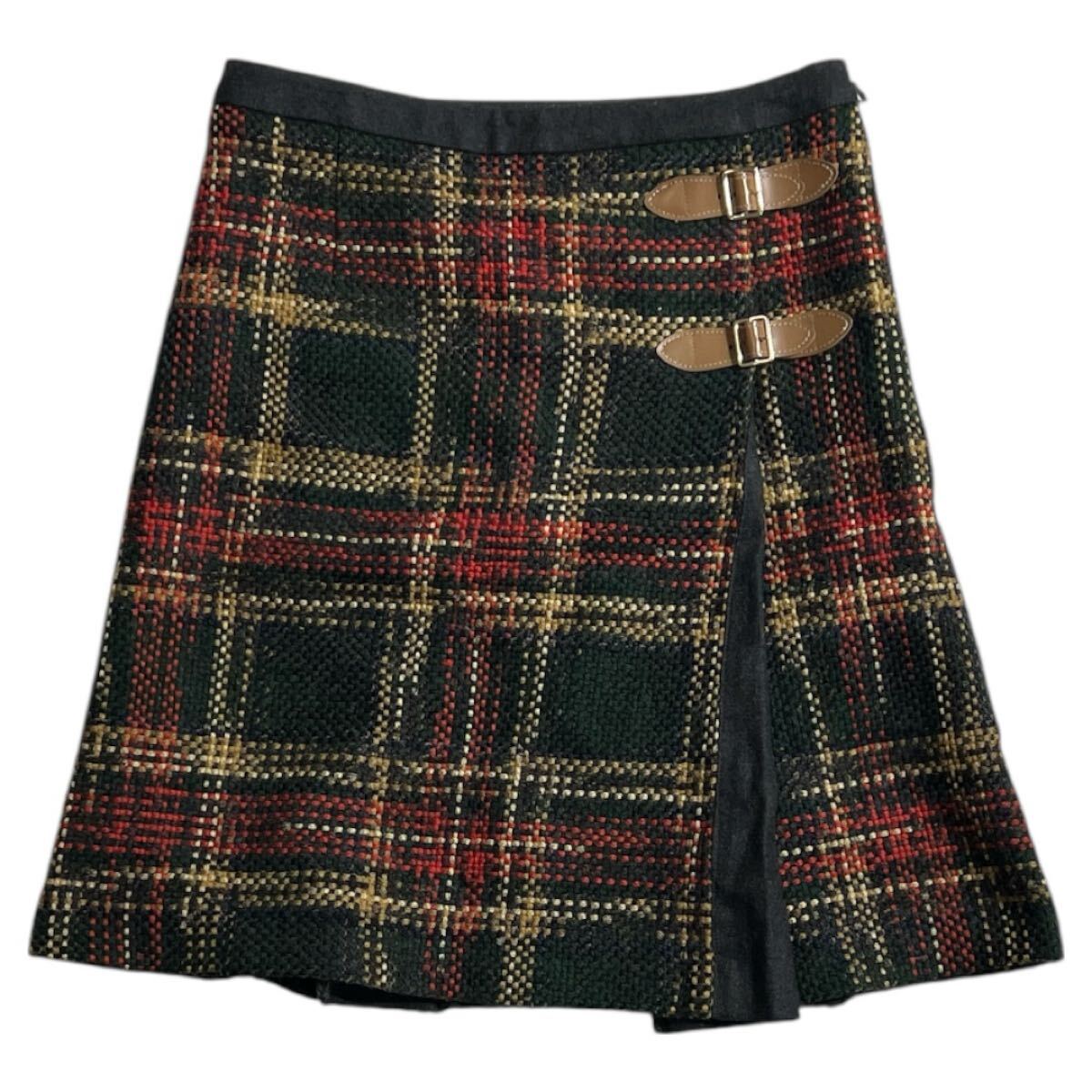 ■ 組曲 KUMIKYOKU×GIOLICA クミキョク×ジオリカ ■ チェック柄 ウール レーヨン混 ツイード ミニスカート レッド×グリーン×ネイビー 1拍卖