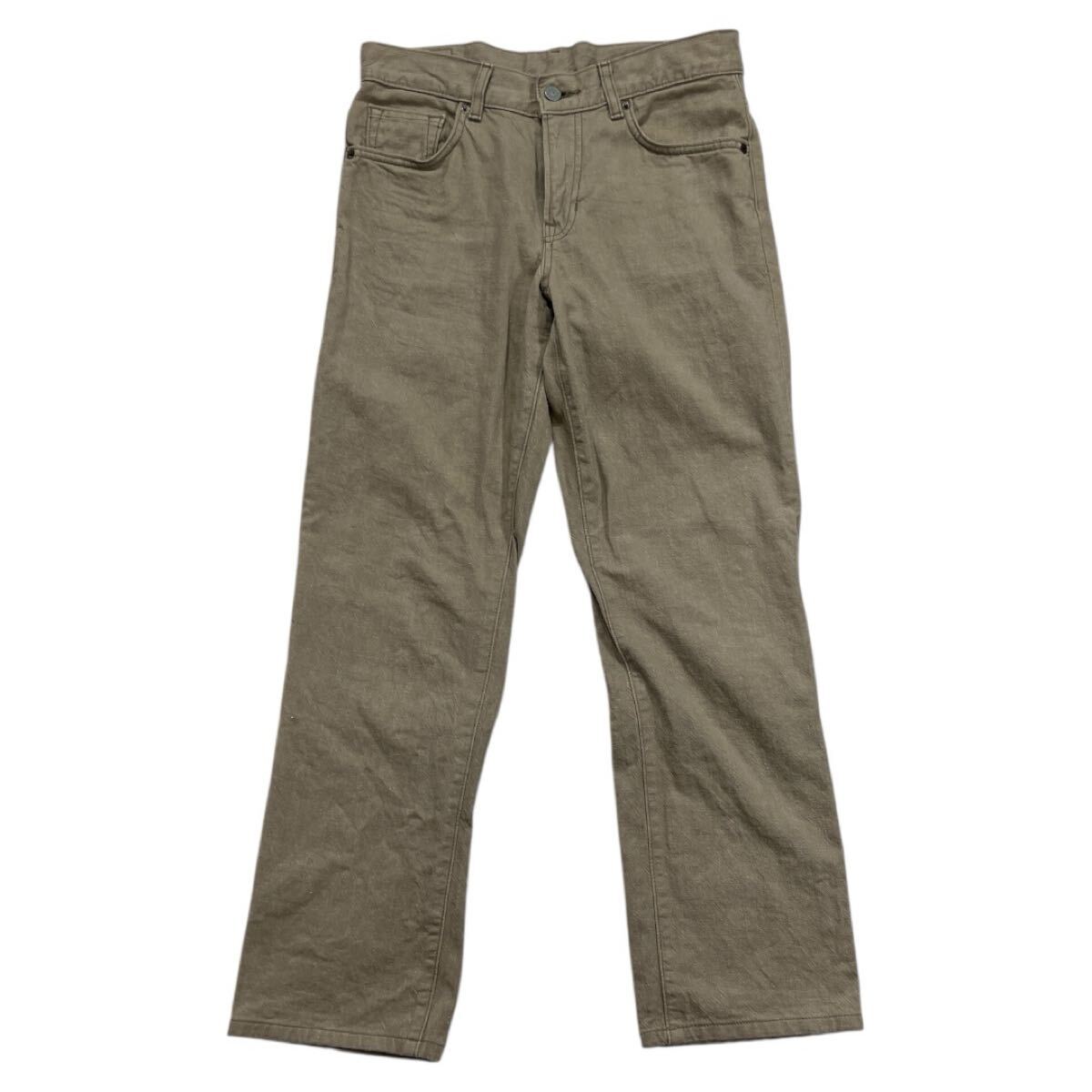 ■ MHL MARGARET HOWELL×EDWIN マーガレットハウエル×エドウィン ■ レザー パッチ シンチバックベルト カラーパンツ ベージュ 29×32拍卖