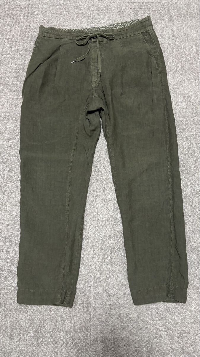 120% lino リネンパンツ 1プリーツ オリーブ グリーン サイズ 48 ウエストひも付き パンツ拍卖