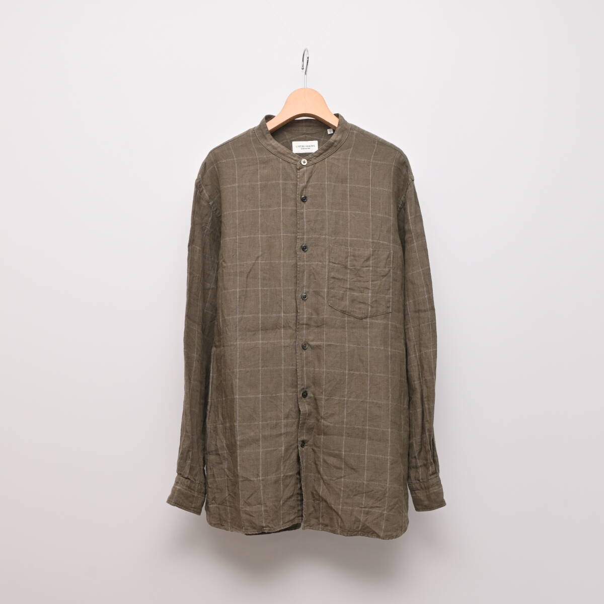 【メンズ L】UNITED ARROWS ユナイテッドアローズ リネン 長袖シャツ ウィンドウペン チェックシャツ バンドカラー カーキ DA5296拍卖