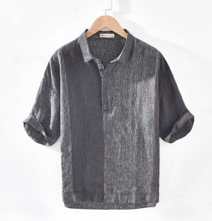 シャツ 麻100% 五分袖 メンズシャツ リネンシャツ 麻シャツ ヘンリーネック カジュアルシャツ shirt Zwc0185 灰色 M拍卖