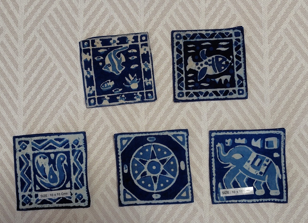 アジアン雑貨 インド製 藍染めプリントコースター 柄いろいろ 5枚 3拍卖