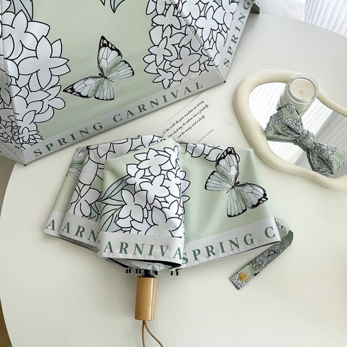 折り畳み傘 晴雨兼用 日傘 花柄 UVカット 紫陽花 可愛い 蝶々 ひらひら 雨傘 植物 レディース アボカドグリーン オシャレ拍卖