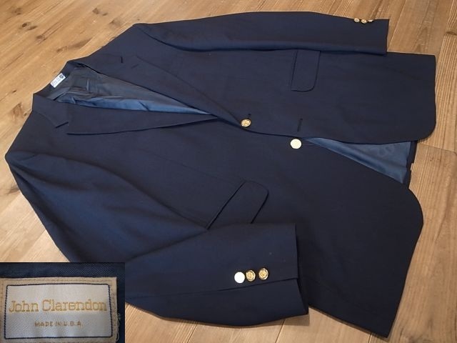 USA製 John Clarendon ウール オールシーズン 2釦 紺 ブレザー 金釦 テーラード ジャケット アメリカ古着 サイズ 44L 2XL 3L拍卖