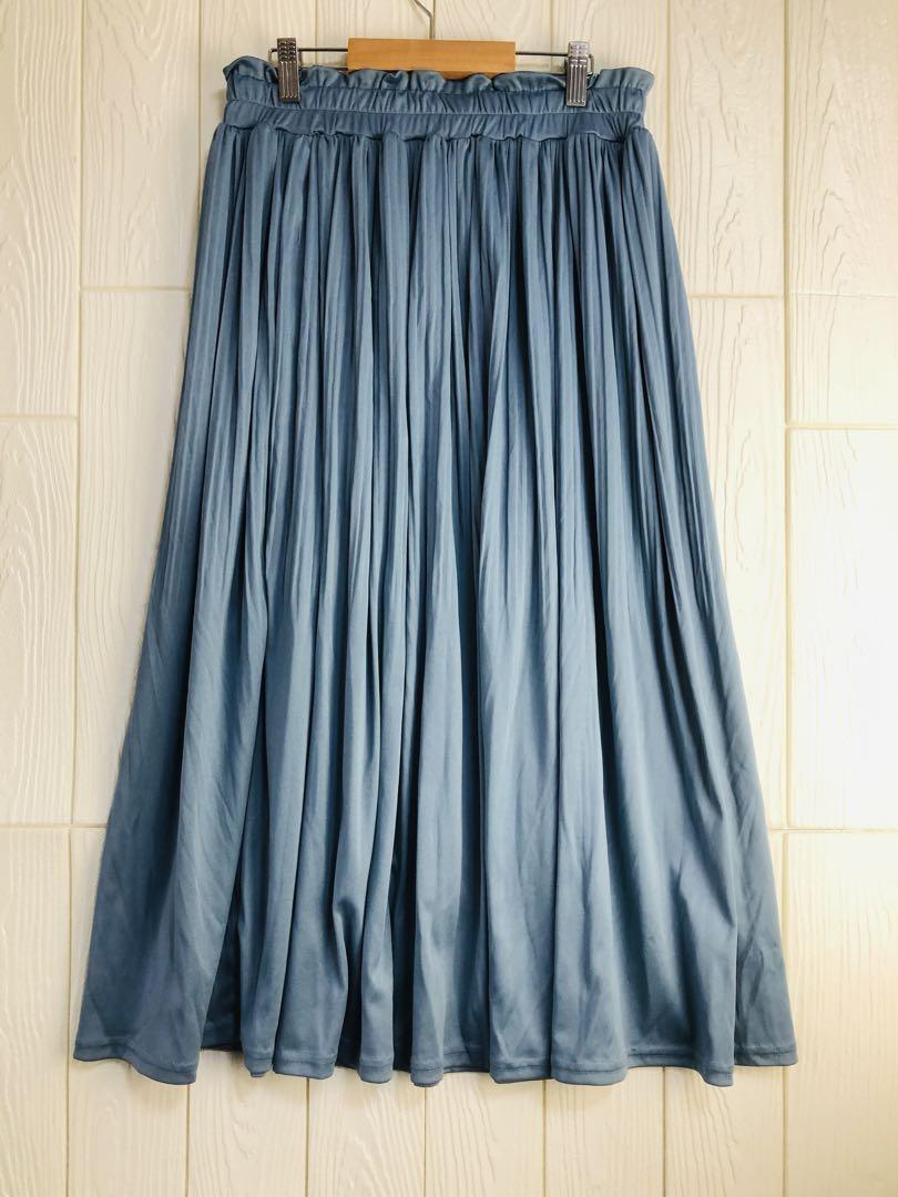 CHARM BERRY TIC 青色プリーツロングスカート ウエストゴム L拍卖