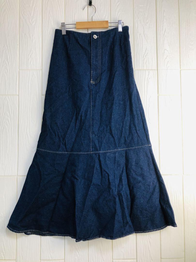 GRL ダークブルー フレアスカート ウエストゴム66cm丈83cm L拍卖