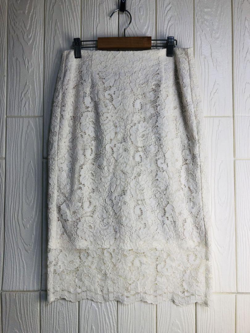 GU ホワイト レース タイトスカート ひざ丈 ウエストジッパー68cm L拍卖