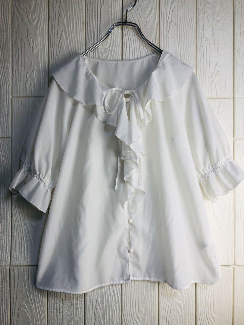 GU フリル付きホワイトブラウス 半袖 32cm肩幅 Sサイズ拍卖