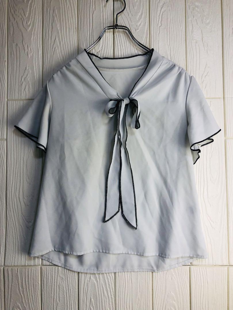SHEIN グレー リボン付き 半袖ブラウス Sサイズ拍卖