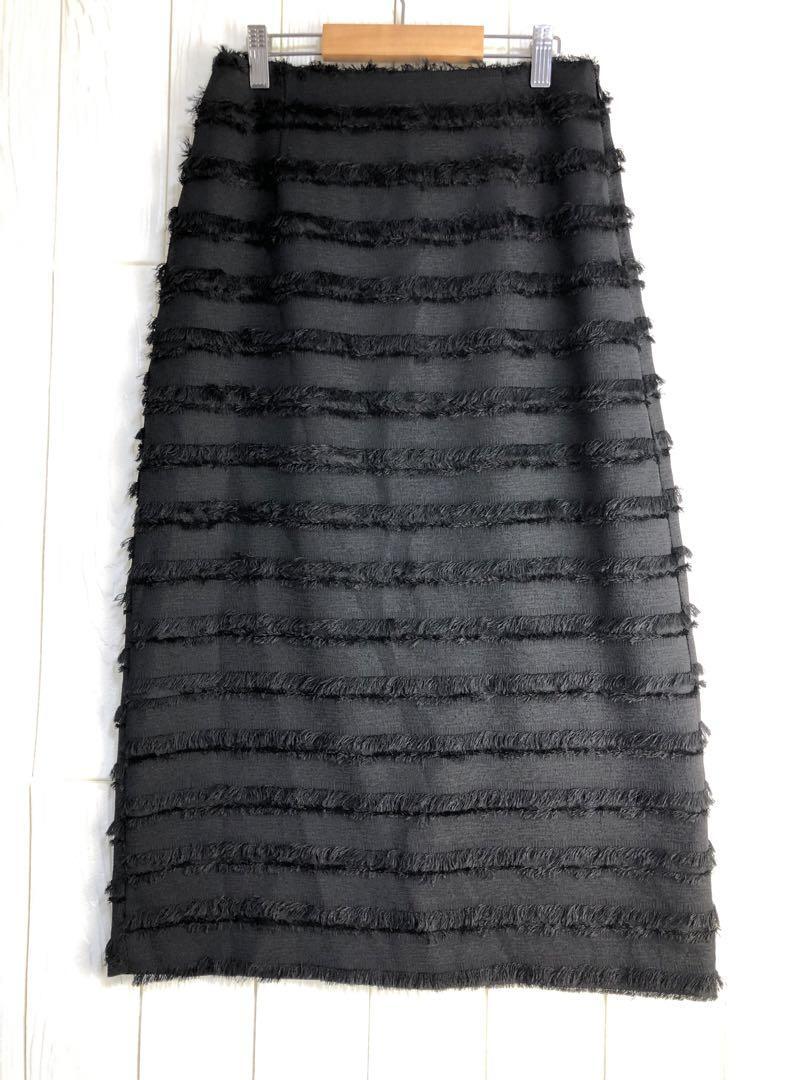 melon フリル付きストライプ 黒 タイトスカート ウエストファスナー拍卖