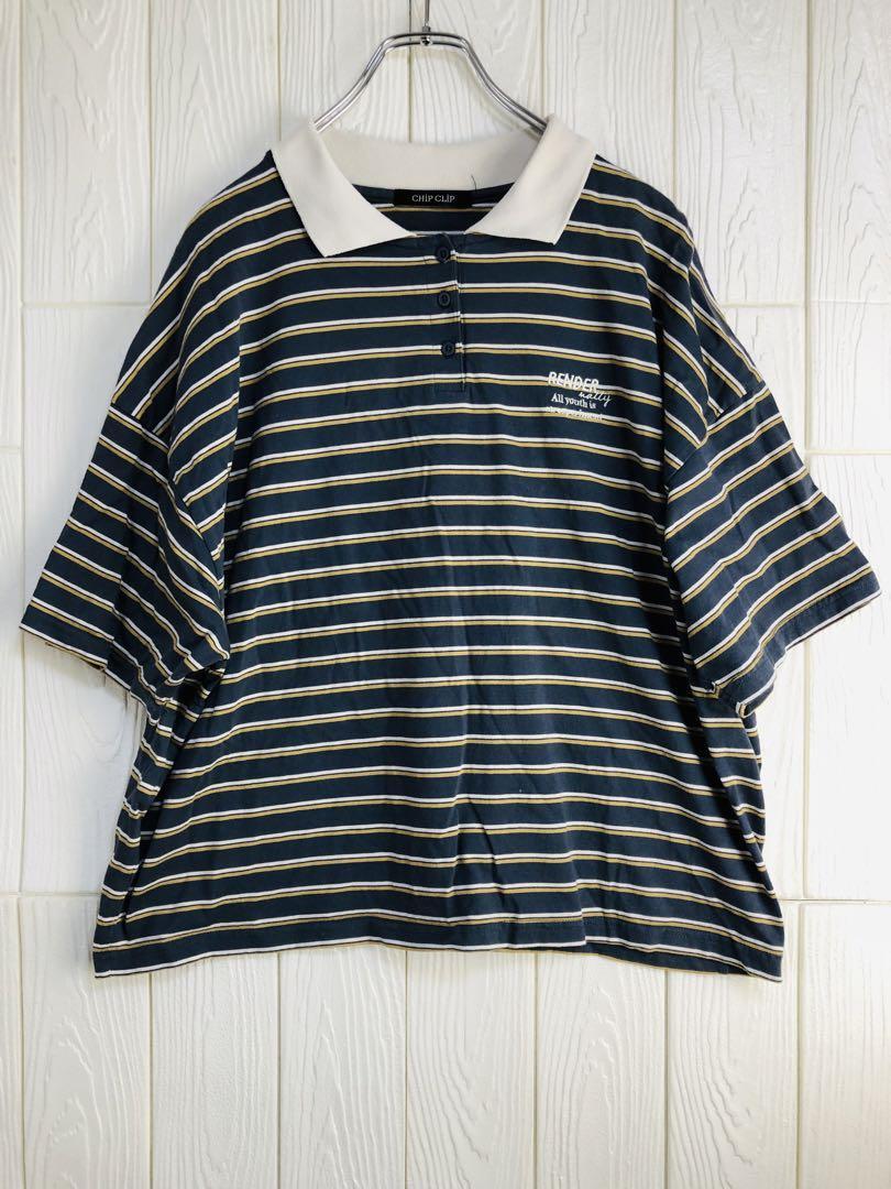CHIP CLIP ストライプ 半袖ポロシャツ ネイビー オーバーサイズ L拍卖