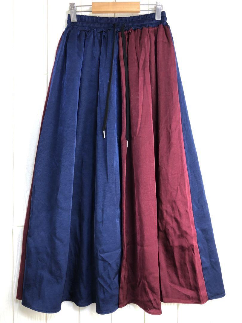 COQULE ネイビーとバーガンディのフレアスカート ウエストゴム紐付拍卖