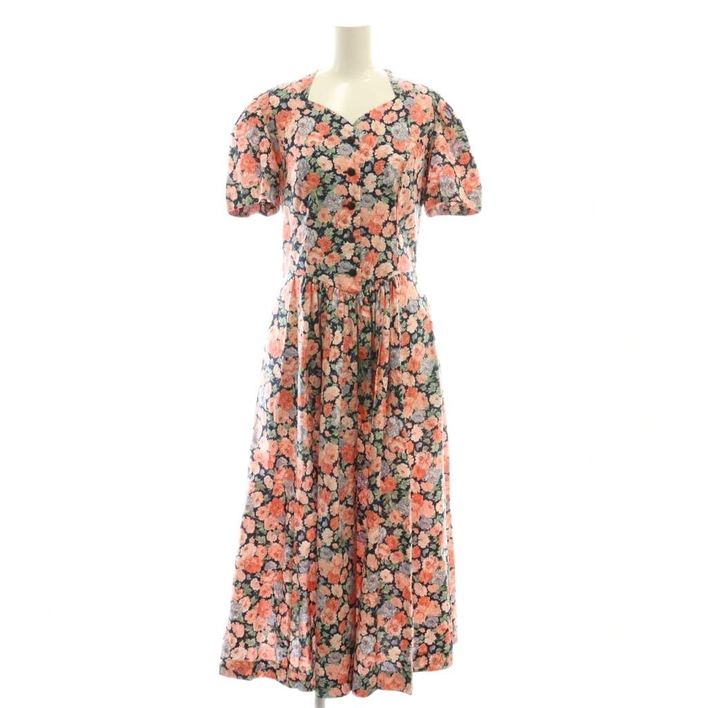ローラアシュレイ LAURA ASHLEY 花柄 パフスリーブ シャツワンピース マキシ ロング 38 紺 ネイビー ピンク /AT ■OS レディース拍卖