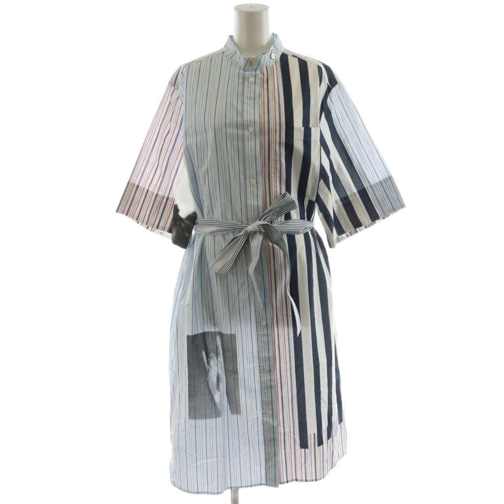 ポールスミス PAUL SMITH シャツワンピース ロング丈 半袖 ストライプ柄 44L マルチカラー 白 ホワイト 紺 ネイビー 水色 赤拍卖