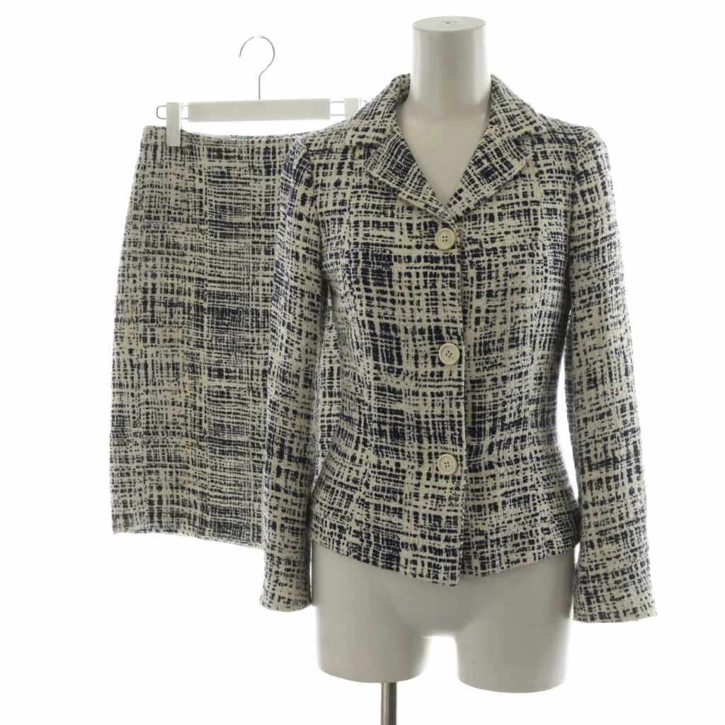 プラダ スーツ セットアップ テーラードジャケット シングル タイトスカート ひざ丈 ツイード リネン混 麻 シルク混 絹 36 38S 紺 白拍卖