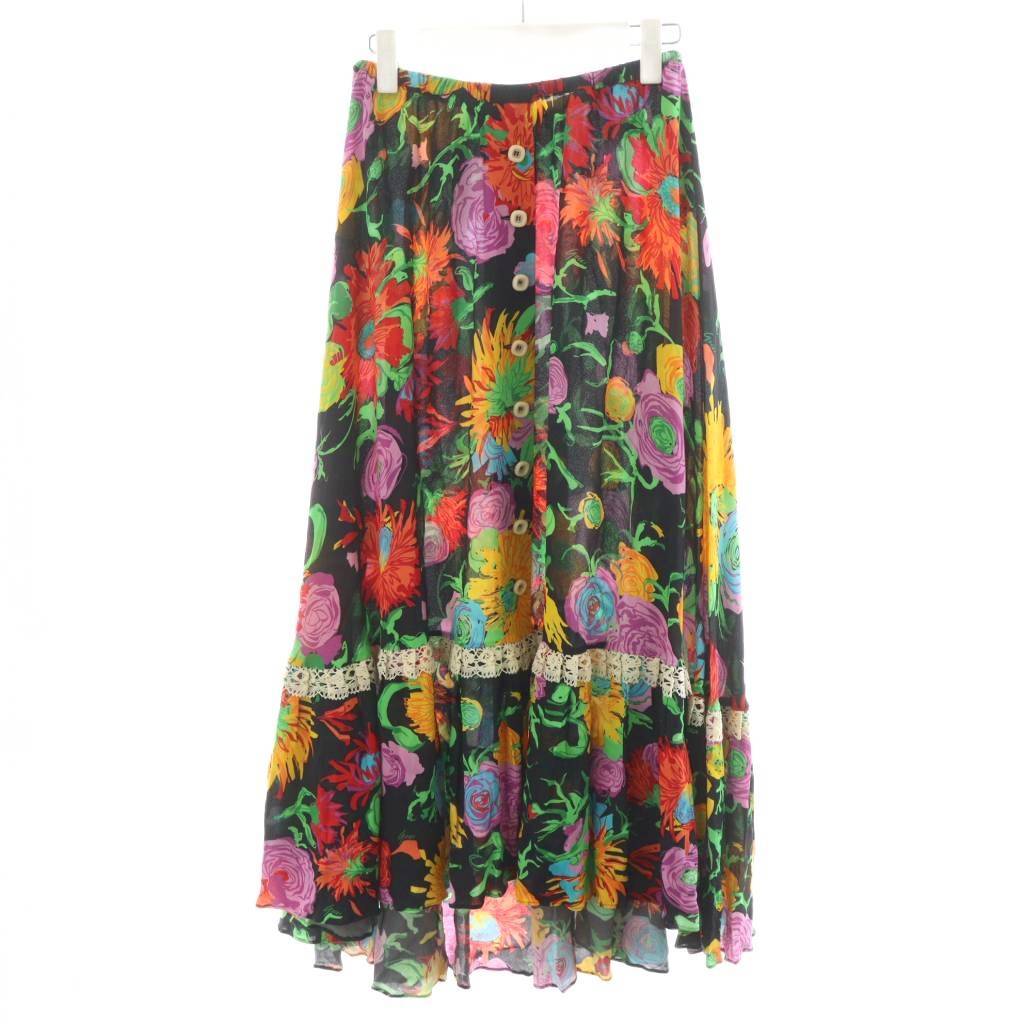 グッチ GUCCI ケン スコット プリント ヴィスコース フレアスカート ロング丈 花柄 レース 40 マルチカラー拍卖