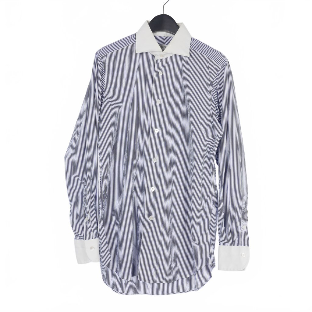 トゥモローランド TOMORROWLAND PILGRIM ピルグリム ホリゾンタルカラー クレリック シャツ ストライプ 長袖 40 白 青 ホワイト ブルー拍卖