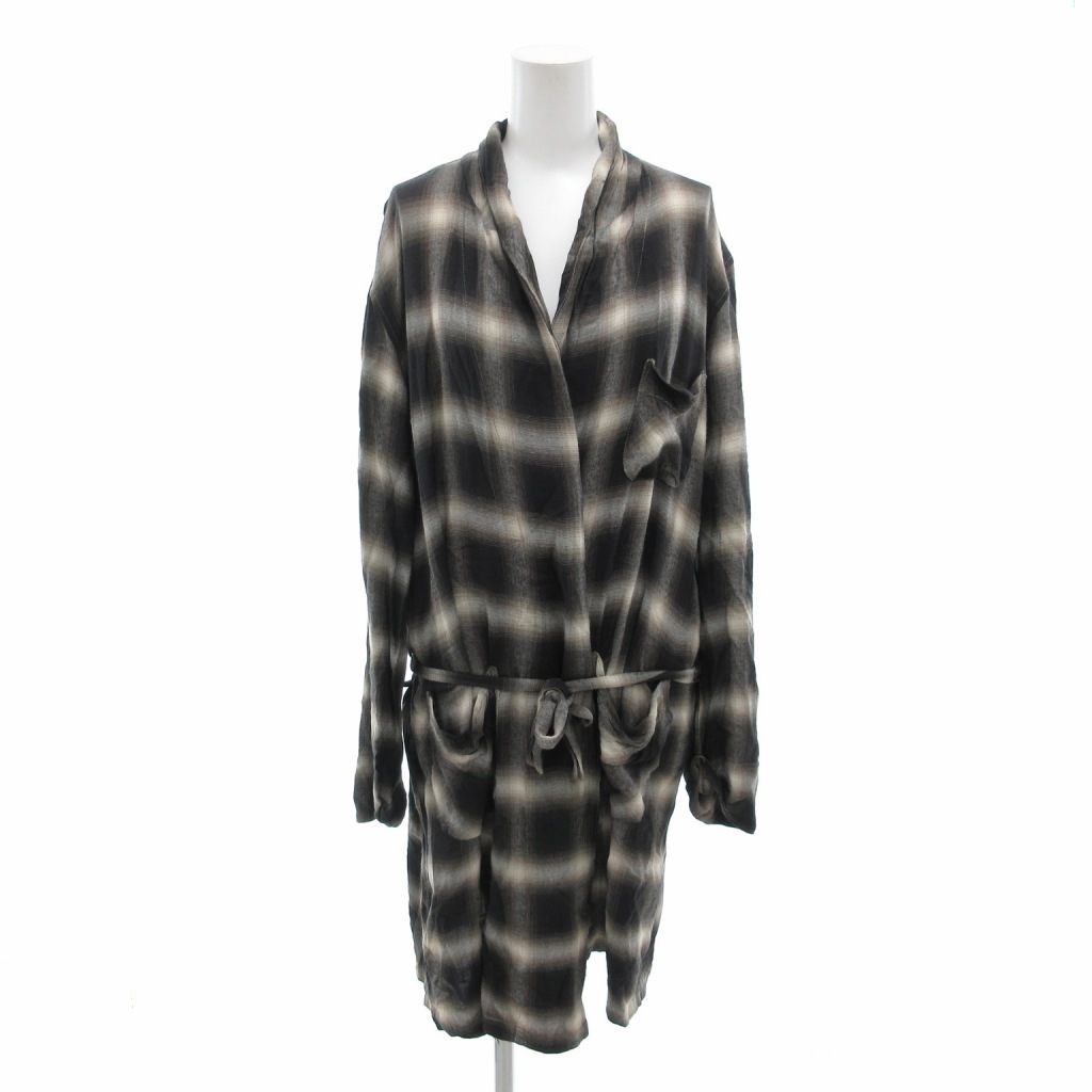 バル bal ガウンコート ロングシャツ オンブレチェック 薄手 ベルトリボン M 黒 ブラック 茶 ブラウン /FT メンズ レディース拍卖