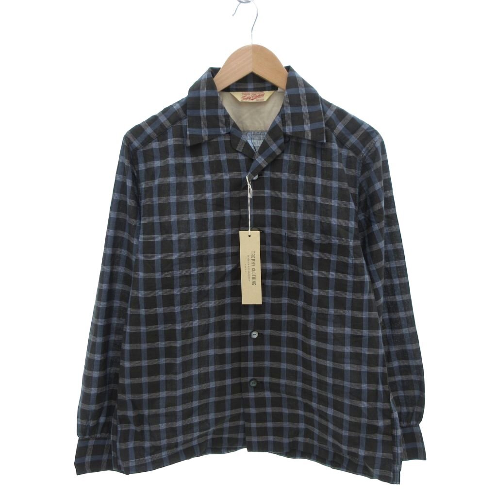未使用品 トロフィークロージング TROPHY CLOTHING タグ付き チェックシャツ パジャマシャツ コットンリネン 長袖 16 L グレー ブルー拍卖