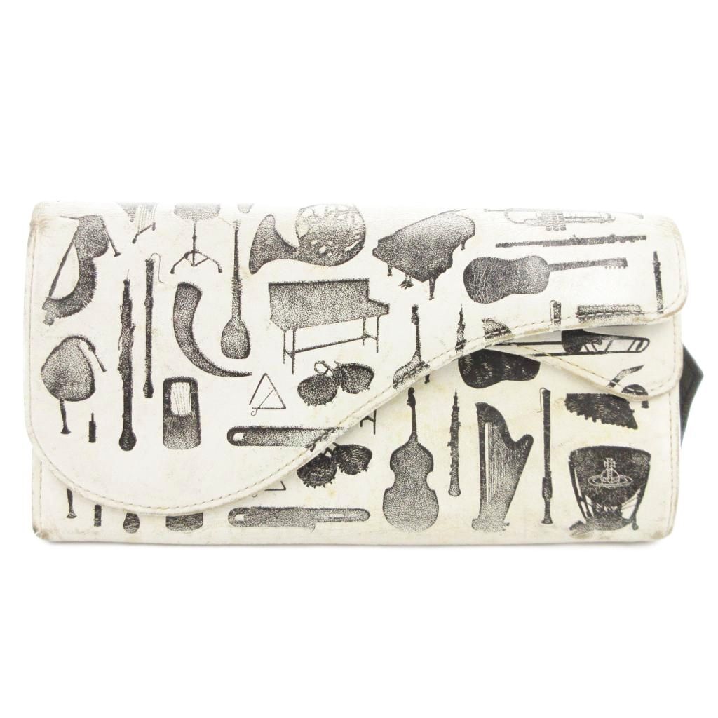 ヴィヴィアンウエストウッド Vivienne Westwood 二つ折り長財布 ウォレット フラップ 楽器 総柄 レザー 白 ホワイト 黒 ブラック拍卖