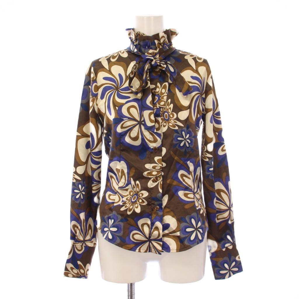 ナラカミーチェ NARA CAMICIE ボウタイシャツ ブラウス 長袖 スタンドカラー フリル 総柄 0 ブルー ブラウン /BM レディース拍卖