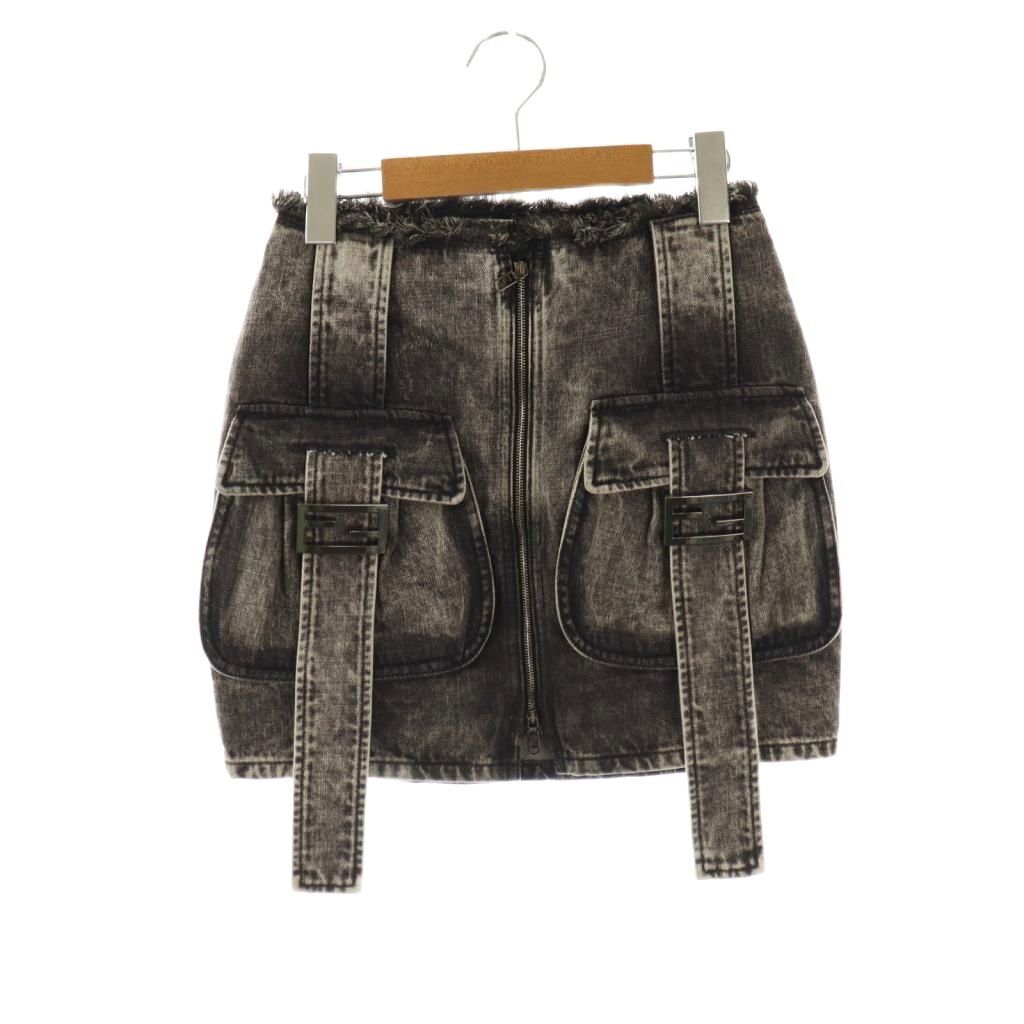フェンディ FENDI ロゴバックルデニムタイトミニスカート フリンジ 38 グレー /DO ■OS レディース拍卖
