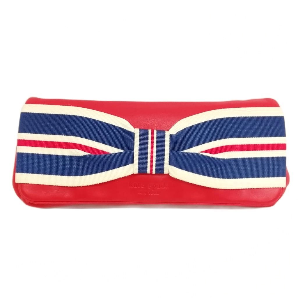 ケイトスペード KATE SPADE クラッチバッグ パーティバッグ レザー リボン 美品 レッド ネイビー レディース拍卖