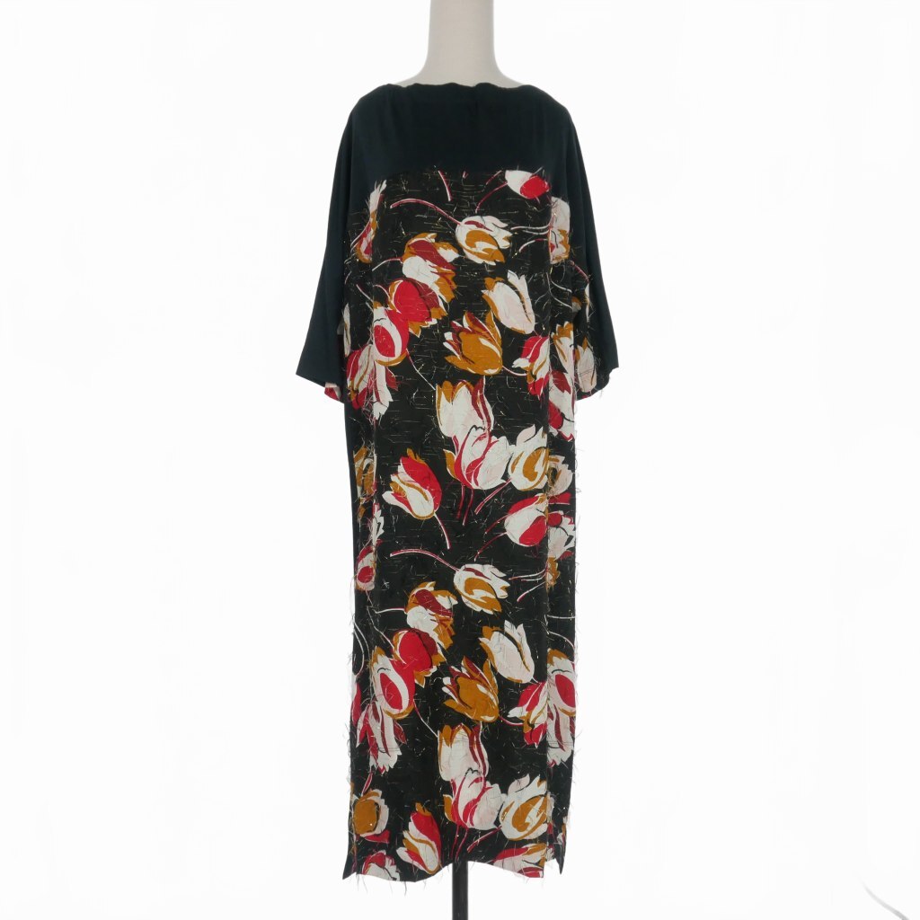 未使用品 マルニ MARNI 21AW フラワープリント ロングワンピース ドレス 38 ブラック 黒 ABJE0725Q0 国内正規 レディース拍卖