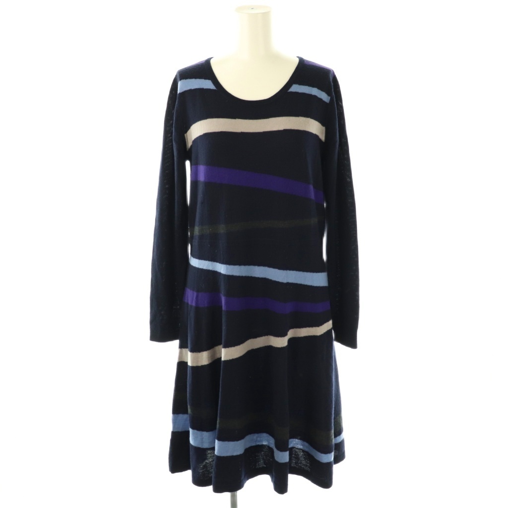 ソニアリキエル SONIA RYKIEL コレクション Collection マルチボーダーニットワンピース 膝丈 38 ネイビー /HK ■OS レディース拍卖