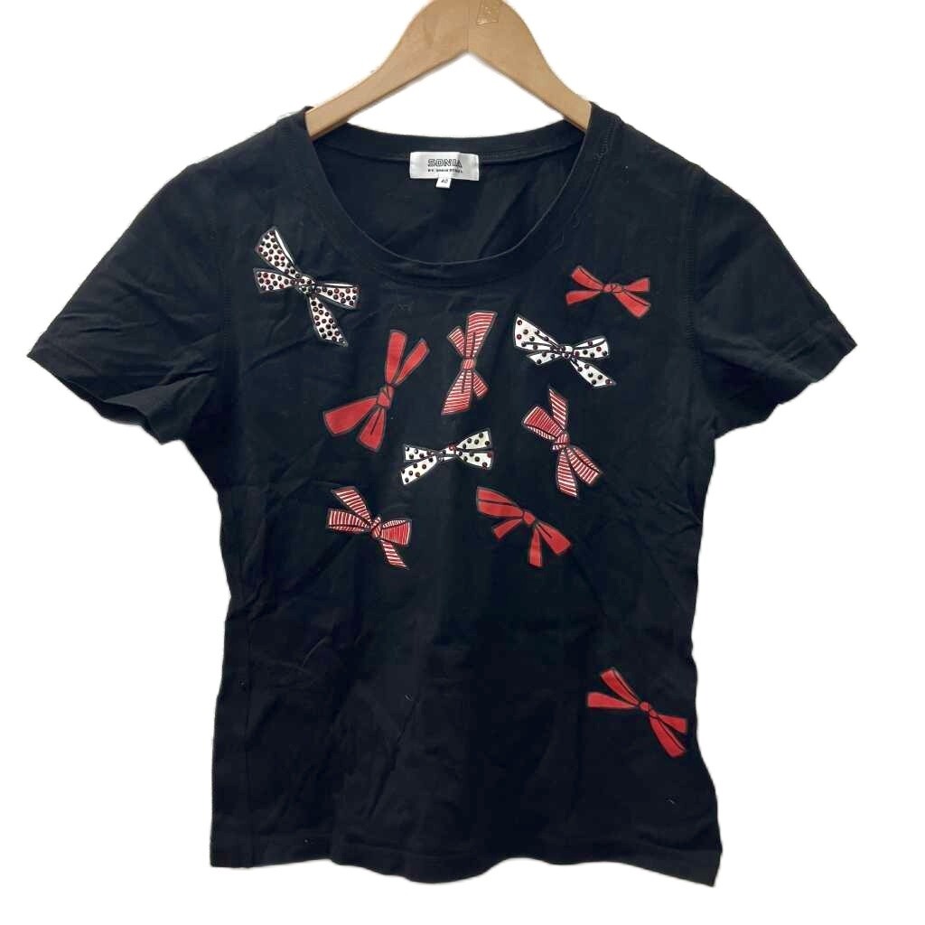 ソニア ソニアリキエル SONIA SONIA RYKIEL Tシャツ カットソー 半袖 リボン ビジュー 黒 ブラック 40 約S-M ■GY09 レディース拍卖
