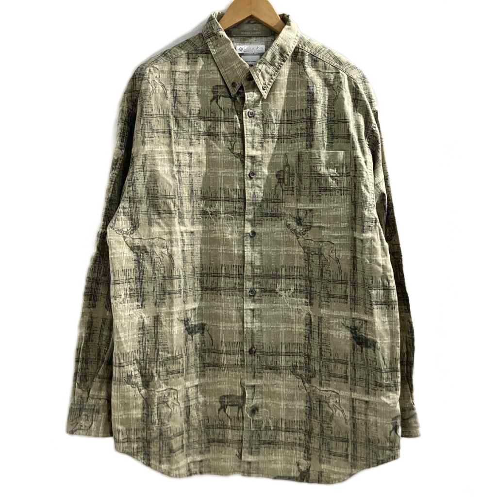 コロンビア Columbia RIVER LODGE 美品 シャツ 長袖 鹿柄 総柄 茶 ブラウン L メンズ拍卖