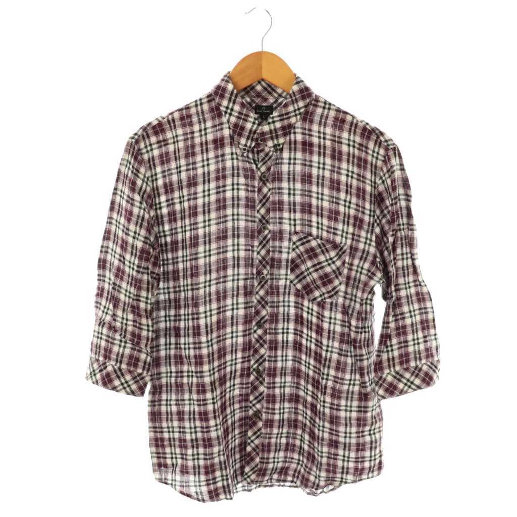 ピーエスポールスミス PS Paul Smith チェックシャツ 七分袖 リネン L ホワイト ブラック ボルドー /DO ■OS ■GY14 メンズ拍卖