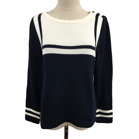 ヘザー Heather セーター ニット ラウンドネック プルオーバー 長袖 F 紺 白 ネイビー ホワイト レディース拍卖