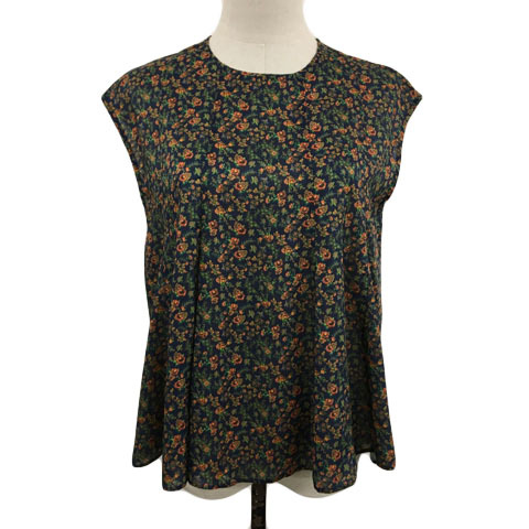 シップス SHIPS ブラウス シャツ プルオーバー ラウンドネック タック 花柄 総柄 ノースリーブ 紺 赤 ネイビー レッド レディース拍卖