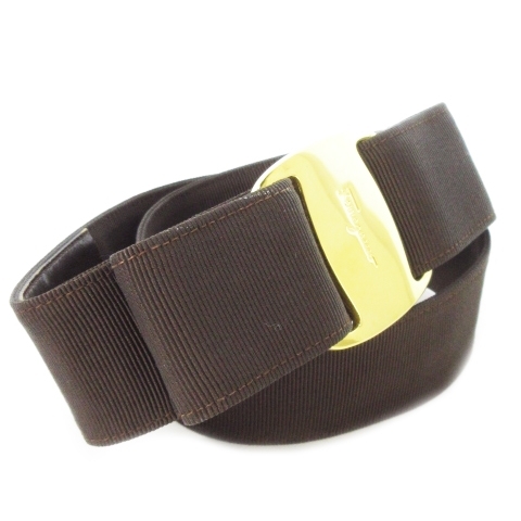 サルヴァトーレフェラガモ Salvatore Ferragamo ベルト ウエストマーク ナイロン レザー 革 ヴァラリボン ゴールド金具 S 茶拍卖