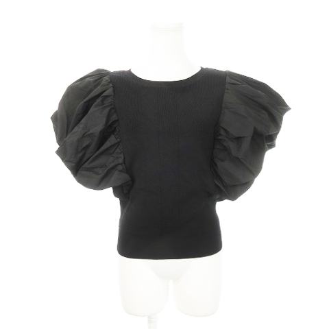未使用品 ソブ sov. ダブスタ カットソー リブニット ラウンドネック 半袖 ボリュームスリーブ 袖コン 切り替え F 黒 ブラック拍卖