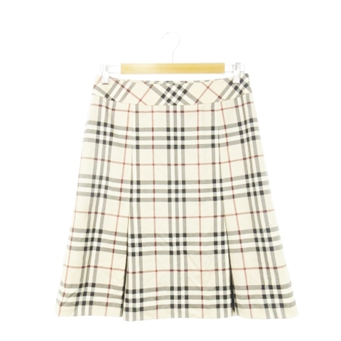 バーバリー ロンドン BURBERRY LONDON ひざ丈スカート ボックスプリーツ ウール ノバチェック レース 総柄 40 L ベージュ /AH9拍卖