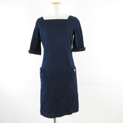 ジュンコシマダ JUNKO SHIMADA mocassin デニムワンピース ひざ丈 五分袖 紺 1 *T956 レディース拍卖
