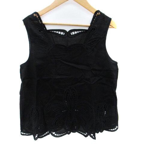 トゥモローランド TOMORROWLAND カットソー ノースリーブ 刺繍 シアー 36 S 黒 ブラック /SM30 レディース拍卖