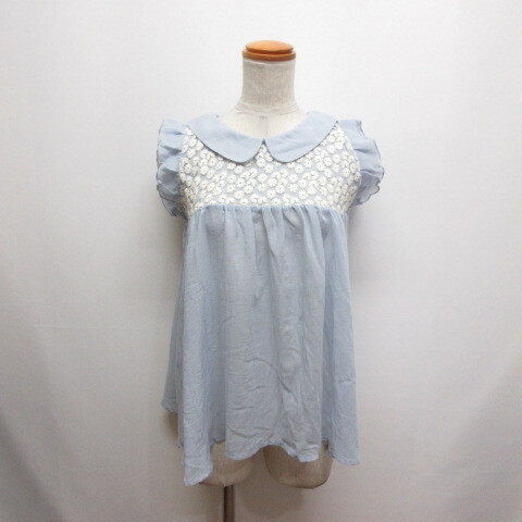 オリーブデオリーブ OLIVE des OLIVE 美品 ノースリーブ シアー フレア ブラウス ブルー レース装飾 カットソー レディース拍卖